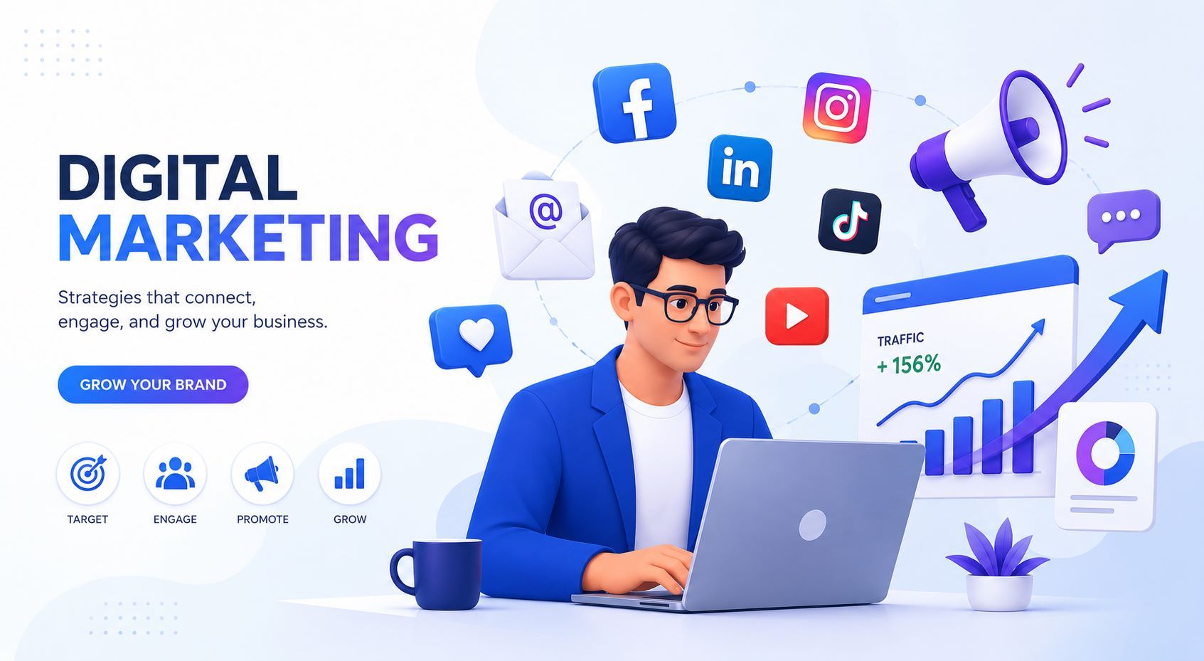 Modern flat vector illustration of a digital marketing professional working on a laptop with floating social media icons, email envelopes, megaphone, analytics charts, and growth arrows in vibrant blue and purple tones on a clean minimal background.